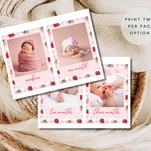 May include: Three printable cards with a pink and white gingham background and strawberry accents. Each card features a photo of a baby and the text "newborn", "one month", "two months", and "three months".