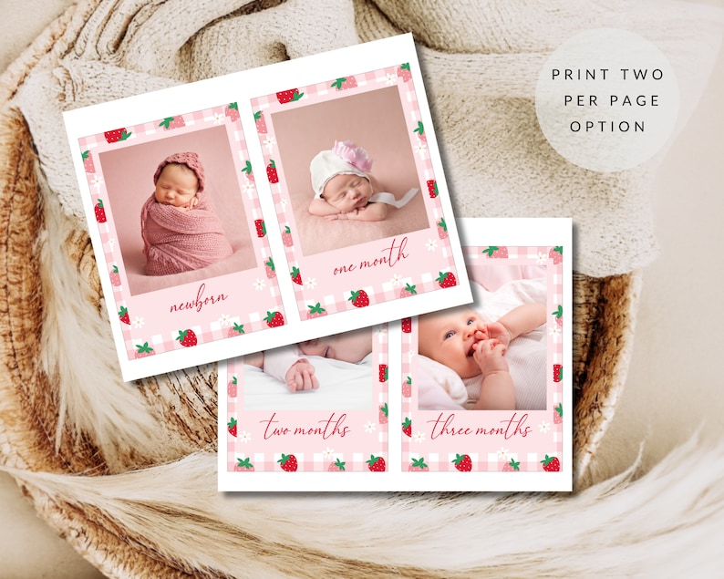 May include: Three printable cards with a pink and white gingham background and strawberry accents. Each card features a photo of a baby and the text "newborn", "one month", "two months", and "three months".