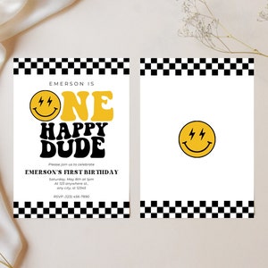 this photo shows the front and back of the one happy dude 1st birthday invitation, while includes the same white, black, and yellow themes including the black and white checkered print on the top and the bottom.