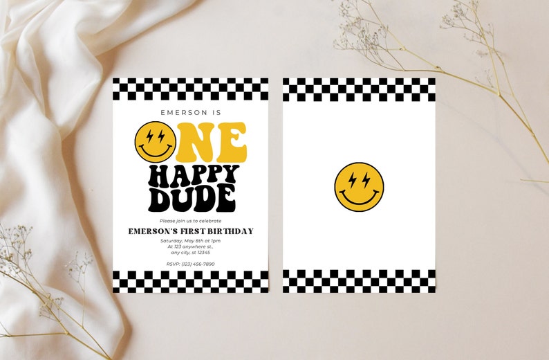 this photo shows the front and back of the one happy dude 1st birthday invitation, while includes the same white, black, and yellow themes including the black and white checkered print on the top and the bottom.