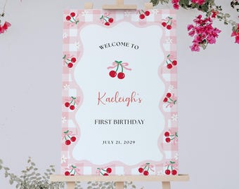 Cherry Birthday Welcome Sign, Printable Cherries Birthday Party Sign, Editable Birthday Girl Poster Template A130