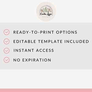 May include: A checklist with four items: Ready-to-print options, Editable template included, Instant access, and No expiration.