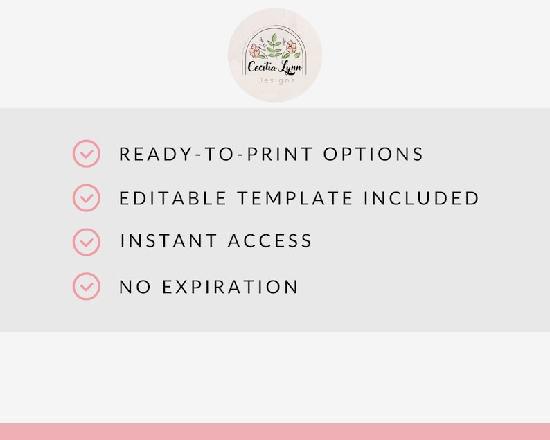 May include: A checklist with four items: Ready-to-print options, Editable template included, Instant access, and No expiration.