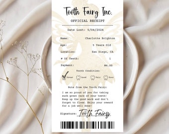 Tooth Fairy Receipt, Editable Tooth Fairy Note, Lost Tooth Report Template, First Tooth Fairy Visit, Tooth Record Instant Download