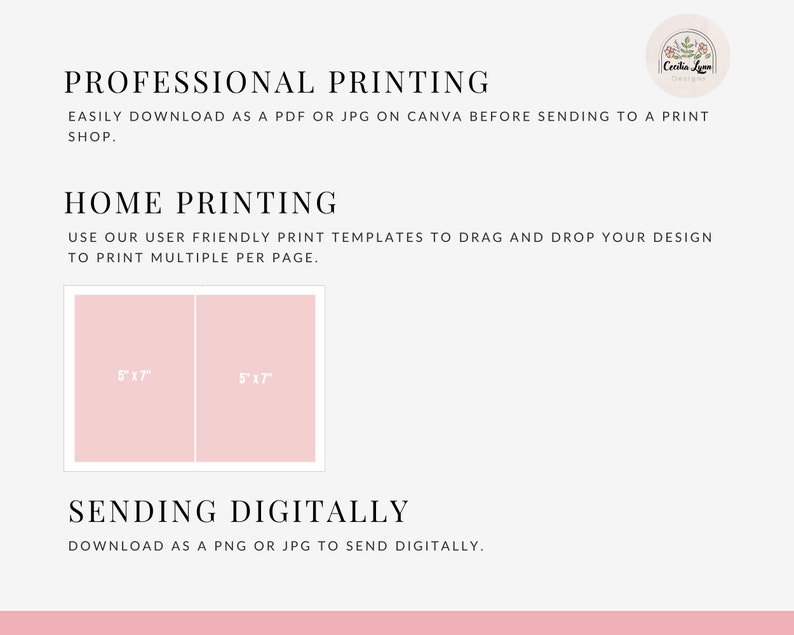 May include: A pink and white graphic with the text "Professional Printing" and "Home Printing". The graphic includes instructions for printing and sending digital files. The graphic also includes two pink squares with the text "5"x"7" inside each square.