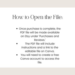 Pu&ograve; includere: Come aprire il file: Una volta completato l'acquisto, il file PDF sar&agrave; disponibile su Etsy in 'Acquisti e recensioni'. Il file PDF includer&agrave; istruzioni e un link al file modificabile su Canva. Dovrai creare un account Canva gratuito per accedere al file.