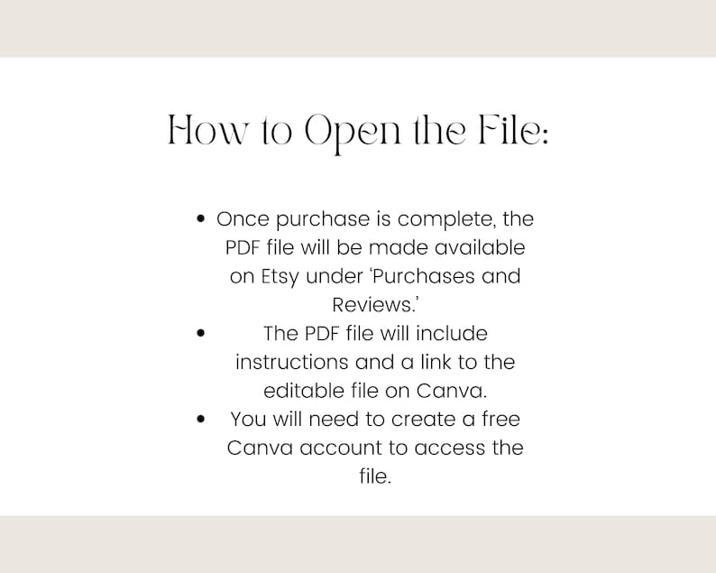 Pu&ograve; includere: Come aprire il file: Una volta completato l'acquisto, il file PDF sar&agrave; disponibile su Etsy in 'Acquisti e recensioni'. Il file PDF includer&agrave; istruzioni e un link al file modificabile su Canva. Dovrai creare un account Canva gratuito per accedere al file.
