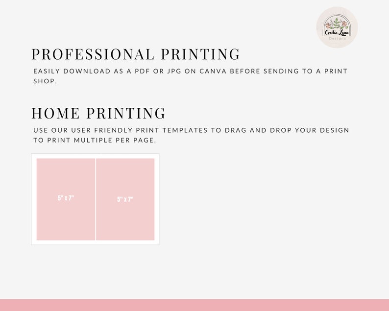 May include: A printable template for creating 5x7 inch cards or invitations. The template is designed to print two cards per page. The text on the template reads "Professional Printing" and "Home Printing".