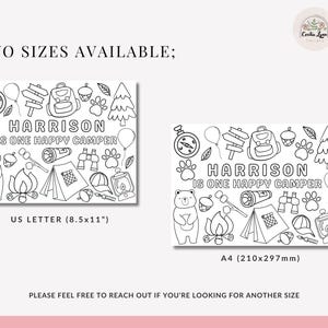 May include: Black and white printable coloring page featuring a camping scene with a bear, tent, campfire, compass, binoculars, and a backpack. The text "HARRISON IS ONE HAPPY CAMPER" is included. The page is available in two sizes: US Letter (8.5x11 inches) and A4 (210x297 mm).