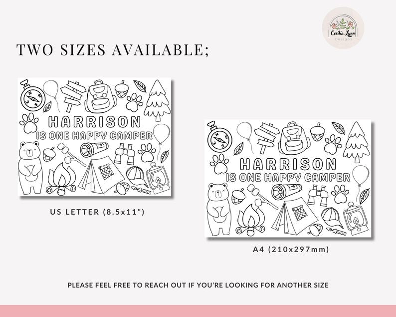 May include: Black and white printable coloring page featuring a camping scene with a bear, tent, campfire, compass, binoculars, and a backpack. The text "HARRISON IS ONE HAPPY CAMPER" is included. The page is available in two sizes: US Letter (8.5x11 inches) and A4 (210x297 mm).