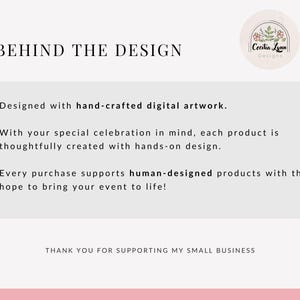 May include: A white informational graphic titled BEHIND THE DESIGN featuring the Cecilia Lynn Designs logo with floral illustrations. The text describes hand-crafted digital artwork and human-designed products, ending with THANK YOU FOR SUPPORTING MY SMALL BUSINESS.