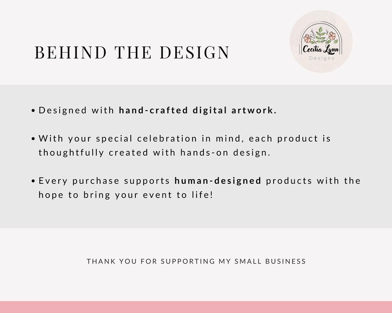 May include: A white informational graphic titled BEHIND THE DESIGN featuring the Cecilia Lynn Designs logo with floral illustrations. The text describes hand-crafted digital artwork and human-designed products, ending with THANK YOU FOR SUPPORTING MY SMALL BUSINESS.