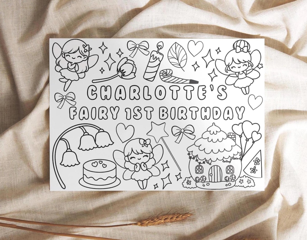 Fairy First Birthday Coloring Page, Editable Fairy Birthday Party ...