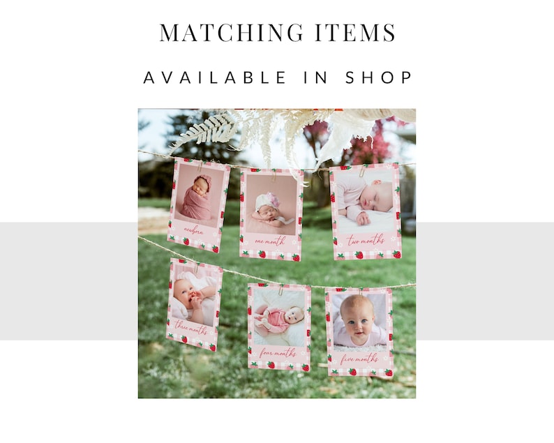 Peut inclure: Un ensemble de six cartes photo roses et blanches avec un motif de fraises. Chaque carte pr&eacute;sente un b&eacute;b&eacute; et le texte "un mois", "deux mois", "trois mois", "quatre mois", "cinq mois" et "nouveau-n&eacute;".