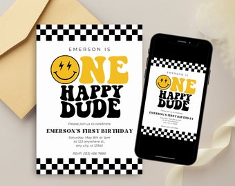 One Happy Dude Birthday Invitation Template, Printable Invitation, Editable Retro One Happy Dude First Birthday Party Invite A11