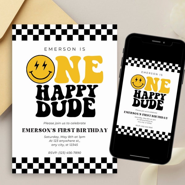 One Happy Dude Birthday Invitation Template, Printable Invitation, Editable Retro One Happy Dude First Birthday Party Invite A11