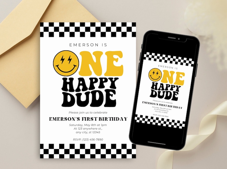 one Happy Dude Inviration shows a printed 5x7” invitation and a digital invite on a phone. the invitation includes checkered print and large yellow and black lettering that says one happy dude.