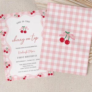 The front and back of the cherry birthday theme invitation is shown laying flat. the back of the invitation includes the pink and white gingham pattern with the red cherries with a pink bow in the center of the invitation.