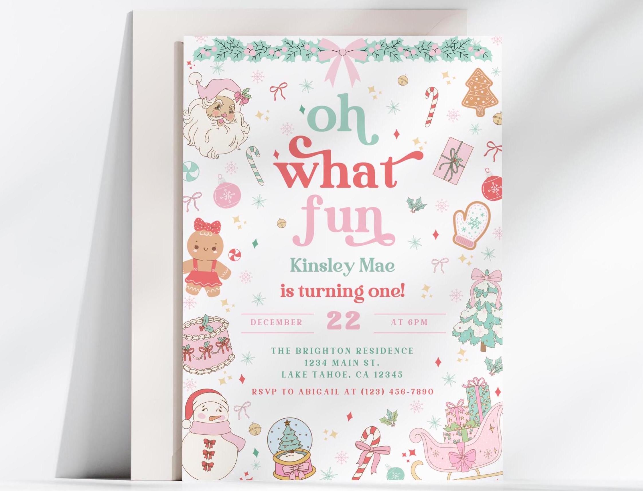 Oh What Fun Christmas 1st Birthday Invitation, Editable Pink Christmas Invite, Printable First Birthday Holiday Party Invite, A120
