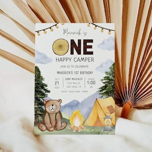 One Happy Camper Invitation, Printable Camping Birthday Invite, Editable 1st Birthday Boy Party Invitation, First Birthday Mobile Invite