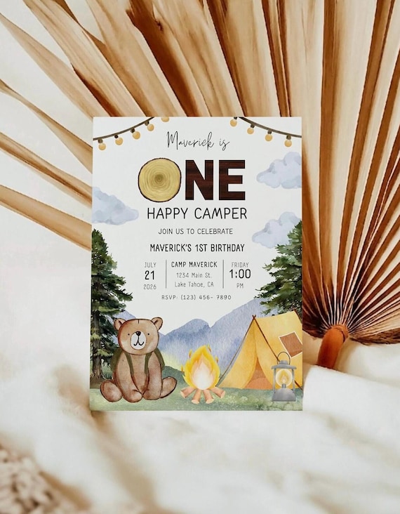 One Happy Camper Invitation, Printable Camping Birthday Invite, Editable 1st Birthday Boy Party Invitation, First Birthday Mobile Invite