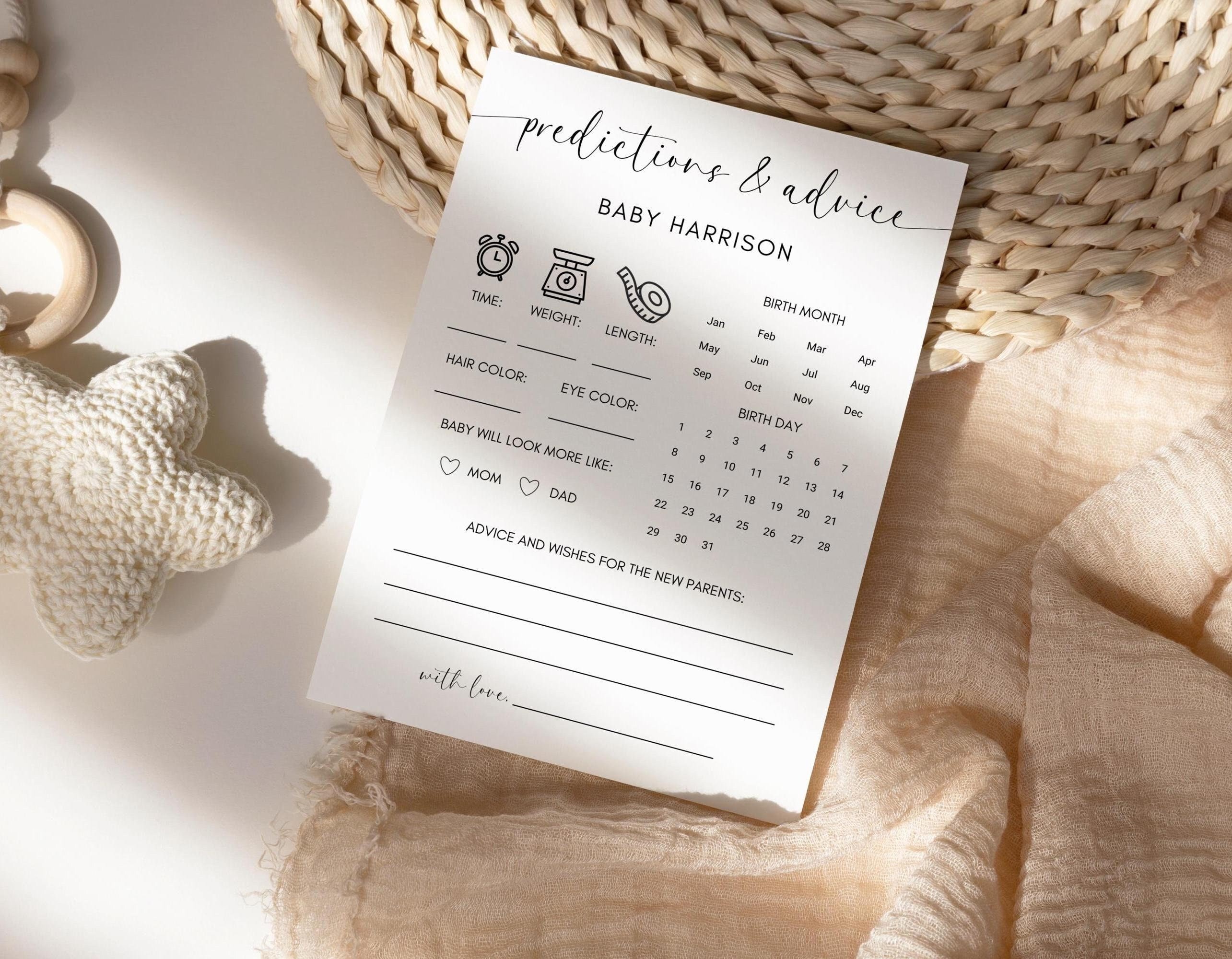 Baby Shower Predictions and Advice Card, Printable Baby Shower Game, Editable Minimalist Baby Shower Template, A129