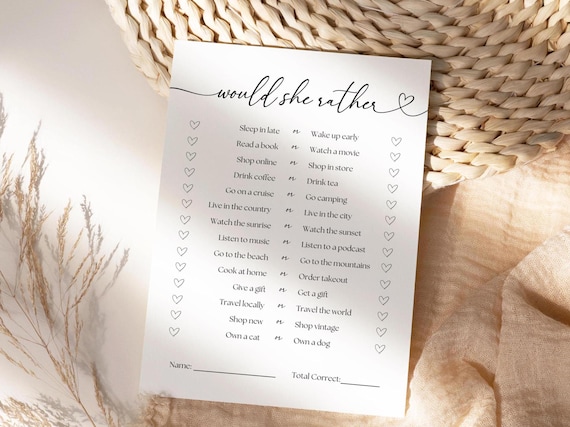 Would She Rather Bridal Shower Game, Printable Minimalist Bride to Be Game, Editable Modern Wedding Shower Game Template, Instant Download