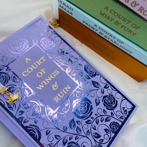 Pode incluir: Um livro intitulado "A Court of Wings and Ruin" com uma capa roxa e um design floral prateado e preto. O livro faz parte de uma s&eacute;rie de Sarah J. Maas. O t&iacute;tulo do livro est&aacute; impresso em letras douradas.