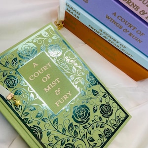 Pode incluir: Um livro de capa dura verde com um design de rosas e videiras em folha de prata. O t&iacute;tulo &eacute; "A Court of Mist & Fury" de Sarah J. Maas.
