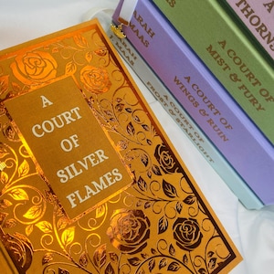 Pode incluir: A Court of Silver Flames de Sarah J. Maas. A capa do livro apresenta um design floral dourado e laranja com um t&iacute;tulo em texto branco.