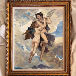 Cupid and Psyche Oil Painting: Bouguereau Style, Vintage Gold Frame
