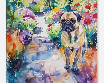 Watercolor Pug Canvas Print, Floral Dog Wall Art