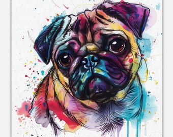 Watercolor Pug Portrait Canvas Print, Dog Wall Art