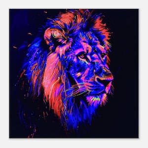 Leeuw canvas muurkunst, leeuw canvas, leeuw kunst aan de muur, leeuw woondecoratie, leeuw print, kleurrijke leeuw canvas, canvas neon, neon muurkunst
