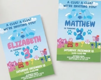 Könnte beinhalten: Zwei Einladungen zu einer Blue's Clues Geburtstagsparty. Eine Einladung ist für Elizabeth, die drei Jahre alt wird, und die andere für Matthew, der drei Jahre alt wird. Beide Einladungen zeigen einen Blue's Clues Charakter mit einem blauen Pfotenabdruck und der Zahl drei.