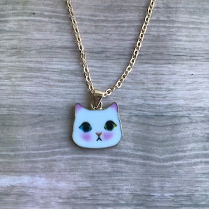 White Cat Pendant Necklace: Gold Plated Enamel Jewelry