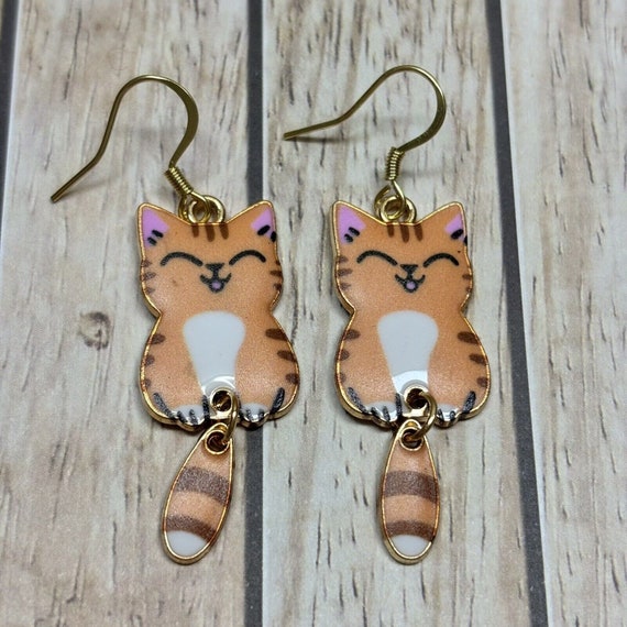 Earrings Orange White Cats, Enamel Gold Ginger Cats, Handmade