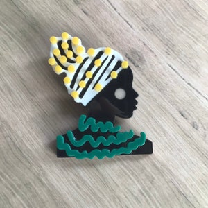 Brooch African Woman, Lady Head Scarf, Handmade Jewellery, Fashion Pin | Acrylic Jewelry for Coat, Sweater, and Accessory | Great Gift Idea