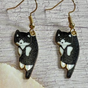 Enamel Cat Earrings: Gold Plated, Black and White, Handmade