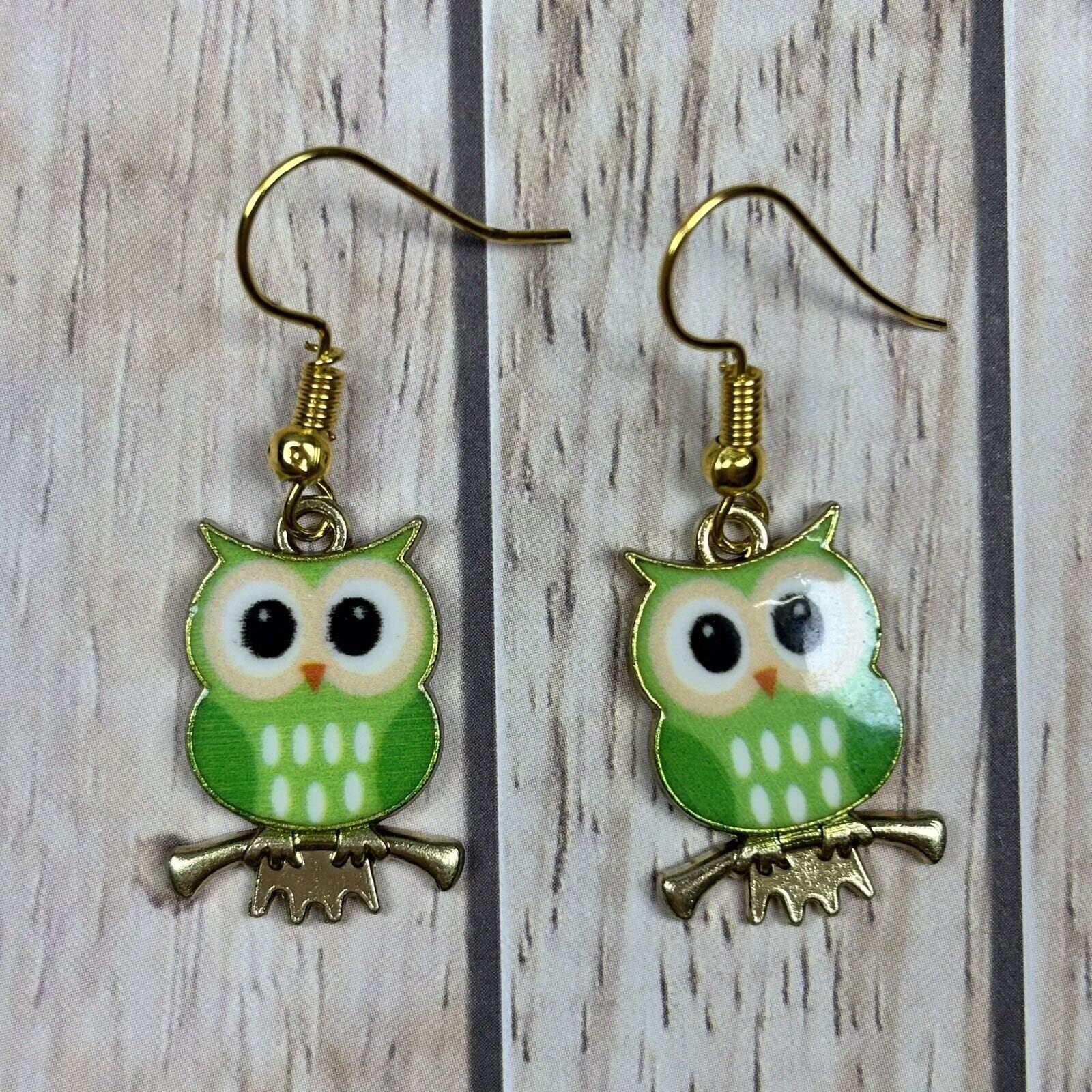 Earrings Green Owl Bird Gift for her Enamel charms Dangle Gold Plated Hooks Novelty Animal  Jeweller