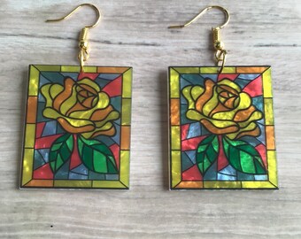 Yellow Rose Flower Earrings, Dangle Acrylic Charms, Novelty Square Window Jewellery, Statement Flower Gold Plated, Fashionable Accessory