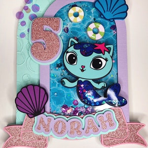 Gabby&#39;s Dollhouse theme cake topper Mercat cake topper cat cake topper w/ glitter Gabby&#39;s Dollhouse Theme Birthday Party shaker cake topper