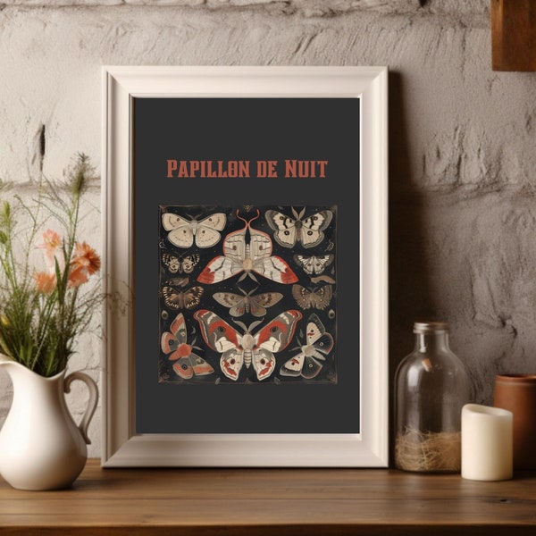 Moth Print Wall Art "Papillon de Nuit" or Night Butterfly Vintage Moth Art Design for Home or Business