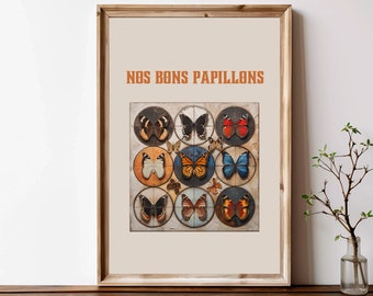 Butterfly Print Wall Art, "Nos Bons Papillons" or Our Good Butterflies, Vintage Butterfly Art Design, For Home or Business