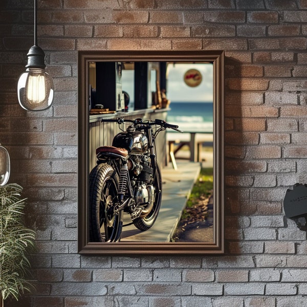 Vintage Motorcycle Coastal Vibes Art Print for Relaxing Home and Beachfront Decor - Seaside Serenity