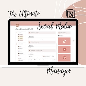 May include: A computer screen displaying a mockup of a social media management dashboard. The dashboard is titled "Social Media BOSS" and features sections for "Today's Posts", "Today's Tasks", "Content Calendar", and "Channels". The "Channels" section includes icons for TikTok, YouTube, and Pinterest.