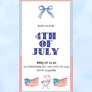 Invito modificabile per il 4 luglio / Festa di compleanno con barbecue a stelle e strisce / Festa estiva patriottica / Modello rosso, bianco e blu / Download immediato