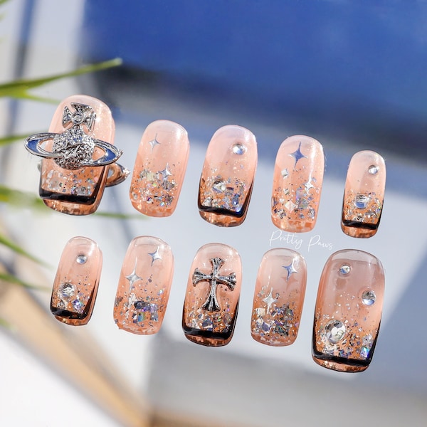 Vivienne Westwood Press On Nails | Chrome Cross with Crystal Accents | Y2K Nail Art Size S