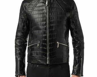 Herren Krokodilhaut Bikerjacke | Schwarz Alligator Print Moto Biker Jacke Stil Herren | Straßenkleidung | Jubiläumsgeschenke für Männer |