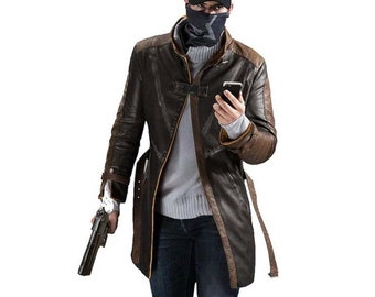 Watch Dogs Cosplay Costume Coat, Aiden Pearce Leather Coat for Men's Genuine Leather Trench Coat